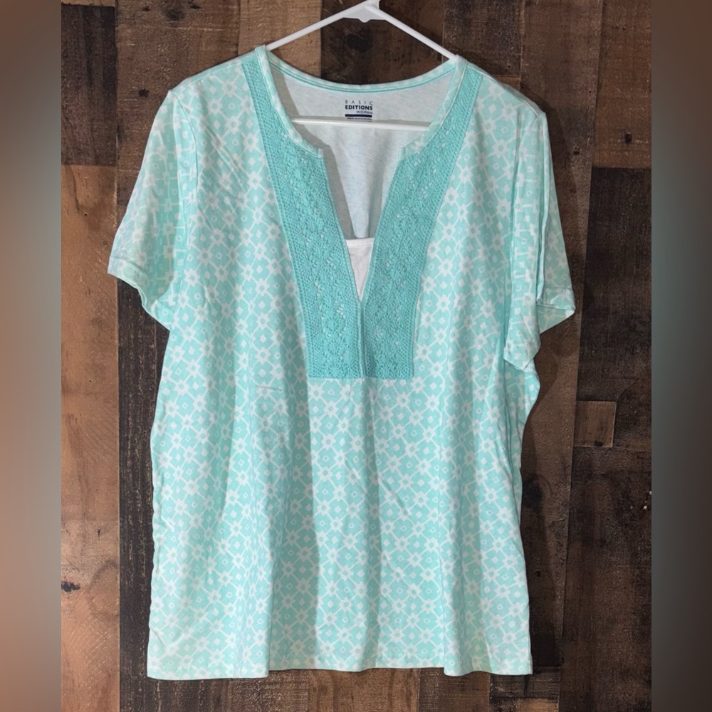Women’s Sz 1x Basic Editions Mint Patterned Split-Neck Top New